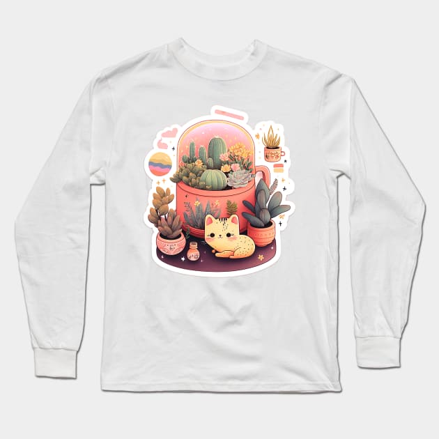 Cute kawaii fluffy cats and plants Long Sleeve T-Shirt by ramith-concept